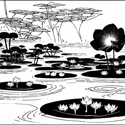 01506-374421317-image of a pond with lotus flowers, 70年式, 70年小人书, black and white, cartoon,.png